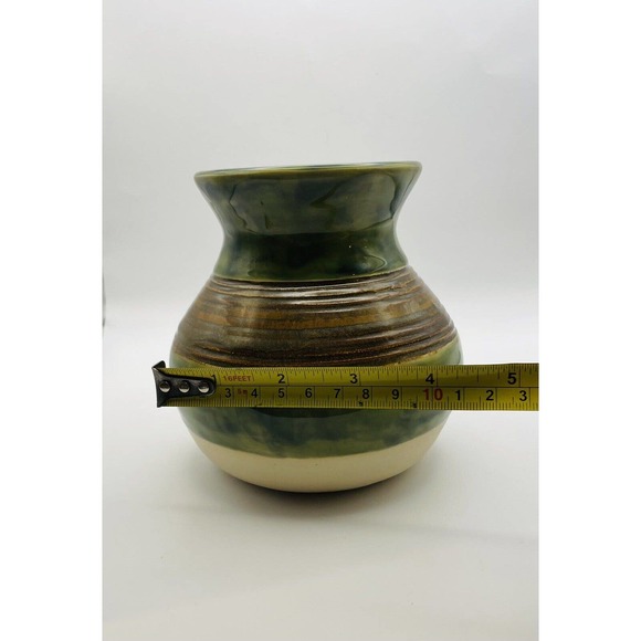 Studio Art Pottery Vase Hand Painted in Green with Textured Brown Stripes - Picture 11 of 11